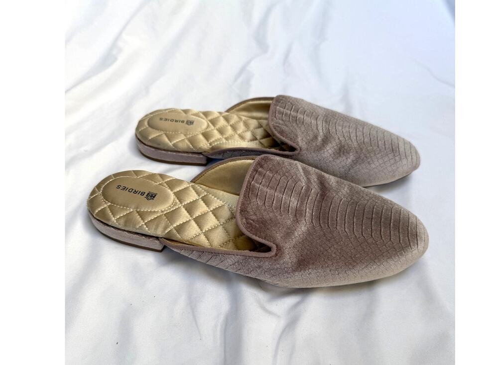 Birdies Phoebe Blush Pink Python Embossed Velvet Mules, Quilted Slides, 10